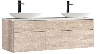 StoneArt Badmöbel Set Mineralguss Waschbecken Waschschale Aufsatzwaschbecken und Unterschrank Waschtisch Einzel- oder Doppelwaschbecken Venice VE-1610pro-3 Eiche hell 160cm
