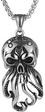 AsAlways Men's Octopus Pirate Personalized Vintage Motorcycle Punk Silver Gothic Skull Necklace Stainless Steel Pendant, 22 + 2 Inch Necklace