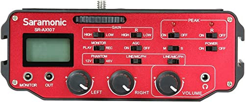 Saramonic SR-AX107 2 Channel Transformer XLR Audio Adapter with Phantom Power & Monitor (Red/Black), AX-107