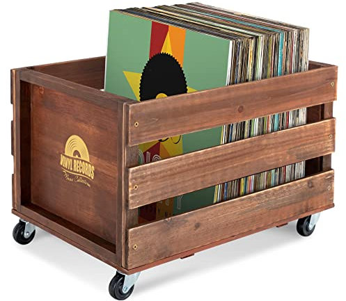 Stagecaptain SPK-100 BN Schallplattenkiste “Emil” 3x Set - Aufbewahrungsboxen für bis zu 100 LPs - aus Vollholz im Retro-Design - 4 lenkbare Rollen - auch für vieles andere bis 25 kg - Braun