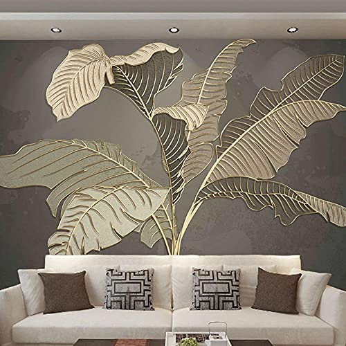 Yimesoy Benutzerdefinierte Jede Größe Wandbild Tapete Moderne Handgemalte Wegerich Pflanzen Licht Luxus 3D Golden Geprägte Linie Hintergrund Tapeten 350Cm(W)×245Cm(H)