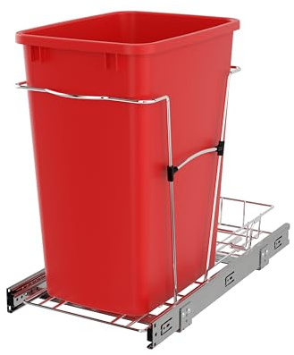 Rev-A-Shelf Pullout Trash Can for Kitchen Cabinets 35 Qt Garbage Waste Recyling Bin with Full Extension Slides, Red, RV-12KD-16C-S
