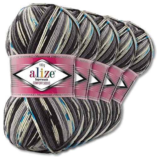 Wohnkult Alize 5x100g Superwash Comfort Sockenwolle 33 Farben zur Auswahl EIN-/Mehrfarbig (7650)