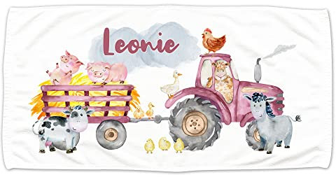 GRAZDesign Kinder Handtuch mit Namen, Trecker mit Bauernhofstieren, Badetuch für Mädchen von 2-10 Jahren Strand / 140x70cm