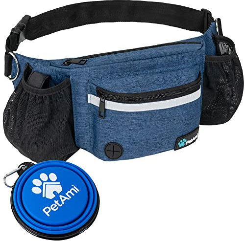 PetAmi Hunde-Bauchtasche, Leckerlibeutel für Hundespaziergänge, Training, eingebauter Kotbeutelspender, Wasserflaschenhalter, faltbarer Napf, Laufen, Trockenfutter (Marineblau)