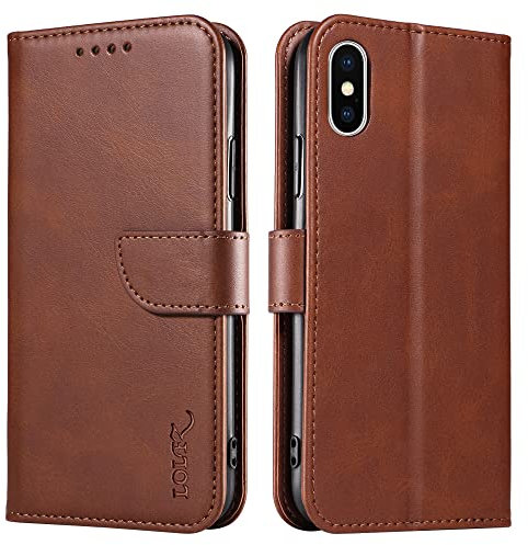 LOLFZ Wallet Case for iPhone X/iPhone XS - Vintage Leather Book Case with Card Holder Kickstand Magnetic Closure Flip Case Cover - Coffee Brown
