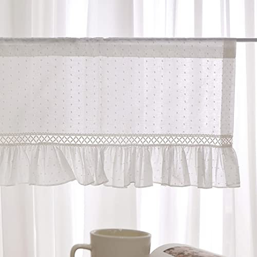 A.Monamour Tenda Corta Per Piccola Finestra Stile Country Semitrasparente Cotone Bianco Pom-Pom Tessuto Mantovana Ricamato Mezza Tenda Per Cucina Bistrot Caffè