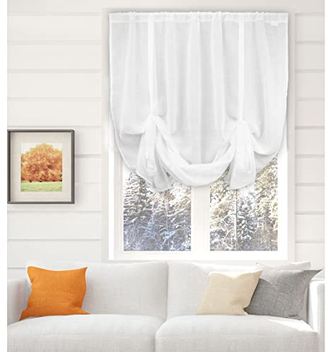 NetCurtainsUK Single Slot Top Plain Textured Voile Net Curtain Soft Drape Tie Blinds (White), 140cm (55'') Wide x 140cm (55'') Drop (HWTTB01)
