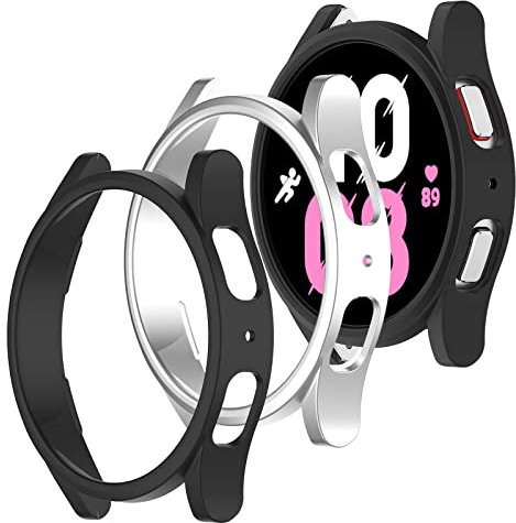 Funda Protector para Samsung Galaxy Watch 5 44mm, 2 Pack Duro PC Marco Carcasa Protectora [Sin Protector de Pantalla] Caja Protector Anti-Choque Caso,Plata+Negro