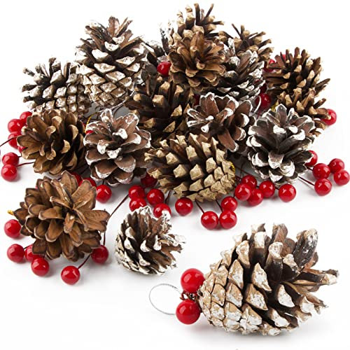 VINFUTUR 18pcs Conos de Pino Seco Piña para Navidad+100pcs Bayas Artificiales Rojas de Acebo de Navidad Decoración Árbol Navidad Corona Guirnalda Adornos Navideños Hogar Mesa