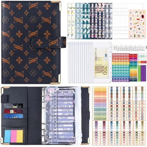 Budget Planner Deutsch,A6 PU Leder Budget Binder Cash Stuffing,Geld Organizer Sparen Mappe Einschließlich 12 Haushaltsplaner,12 durchsichtige Geldumschläge,60 Haftnotizen (Z-Brown)