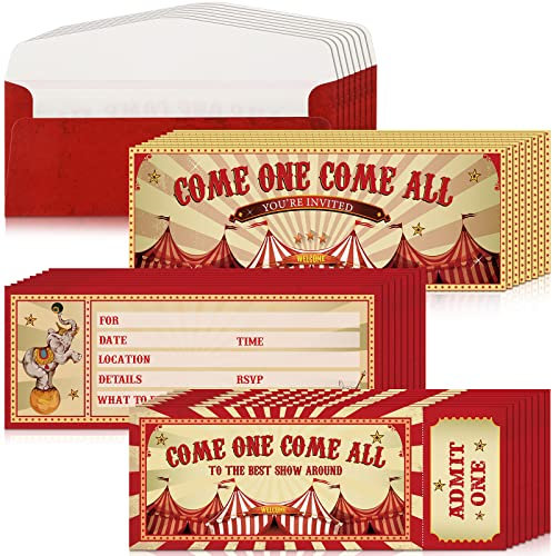Fuutreo 50 Stück Zirkuseinladungen mit Umschlägen, Vintage-Cirkus-Party-Einladungen, Themen-Zirkusgeburtstagseinladungskarten, doppelseitig, Partyticket, Einladungskarten für Kinder,