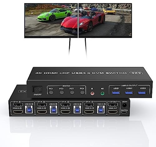 USB 3.0 4 Port HDMI + Displayport KVM Switch Dual Monitor, 4K 60Hz KVM Switch 4 PC 2 Monitore mit Audio Mikrofon Ausgang und 3 USB 3.0 Ports, HDMI+DP Monitor Switch für 4 PCs 2 Monitore