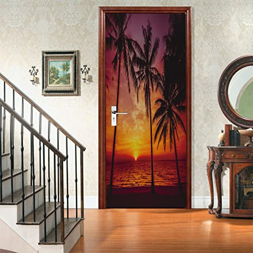 Türposter PVC 3D Türaufkleber Twilight Coconut Tree Türfolie Türtapete Art Home Dekoration Tapetentür Wasserdichtes Selbstklebend DIY Türbild B100 x H200cm