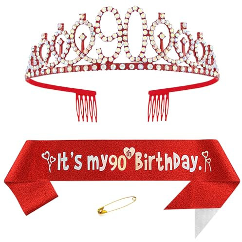90. Geburtstags Krone und Schärpe für Damen Kristall Queen Tiara Princess Crown Rot Birthday Schärpe 90th Geburtstagskrone Frau Geburtstagsschärpe Frauen Geburtstag Dekoration Geburtstagsgeschenk