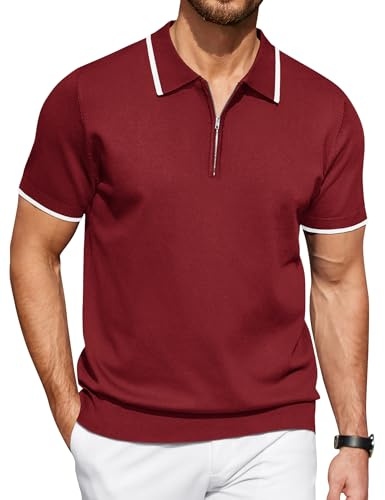 Coofandy Polo de Manga Corta con Cremallera para Hombre, Punto Acanalado, a la Moda, Informal, para Golf, Rojo Vino, XX-Large