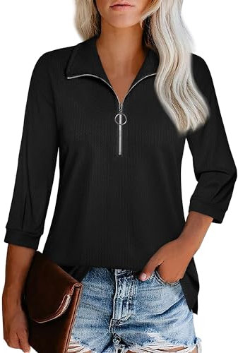 Datuhao Bluse Damen 3/4 Arm Schwarz Modern Shirt Büro Kleidung Frühling Business Outfit Casual Oberteil Damen Elegant V-Ausschnitt Locker Funktionsbluse Damens Wandern Langarm Shirtblusen,XL