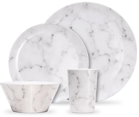 VonShef Melamine Dinnerware Set, 16Pc Marble Print Dinner Set Including 4 Dinner Plates, Side Plates, Bowls & Tumblers for Picnics, Camping & BBQs, Easy Clean Dishwasher Safe Plastic Tableware