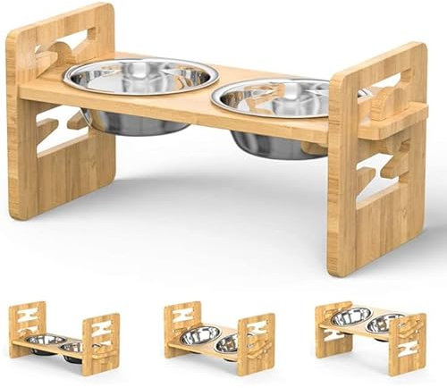 Mangeoire pour Chien en Bambou - 3 Hauteurs Réglable, Gamelle Surélevée avec Support Anti-Glouton pour Chien et Chat - Convient à Tous Les Chiens