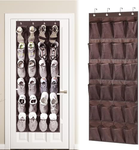 Organizador de Zapatos para Puerta con 24 Bolsillos Zapatero Puerta Colgar Organizadors de Zapatos Organizador del Almacenaje Zapatero Colgante con 4 Ganchos,para Dormitorio,Baño 144x56cm (Marrón)