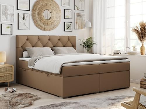 MKS MEBLE Boxspringbett 140x200 cm mit Matratze und Topper T25, Boxspringbett mit Bettkasten und Kopfteil - Alda - H3 Braun Kunstleder