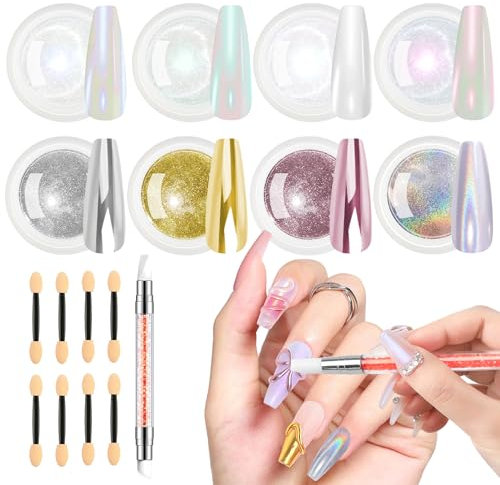 BISHENGYF Chrome Nail Powder 8PCS,【Glänzender Spiegeleffekt】Metal Gold Cromepulver Nägel, Neon Pearl Effect Weiße Nagelpuder Glazed Donut, mit Silikon-Nagelbürste Einfach Verwendung - Nail Art DIY