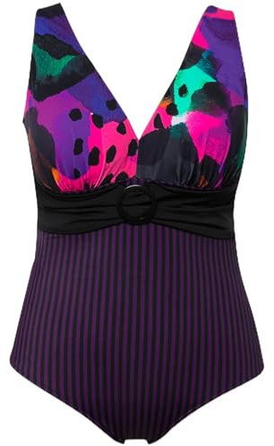 Ulla Popken Damen große Größen Übergrößen Plus Size Badeanzug, Neondruck, Streifen, Softcups, Ring schwarz 54 827619100-54