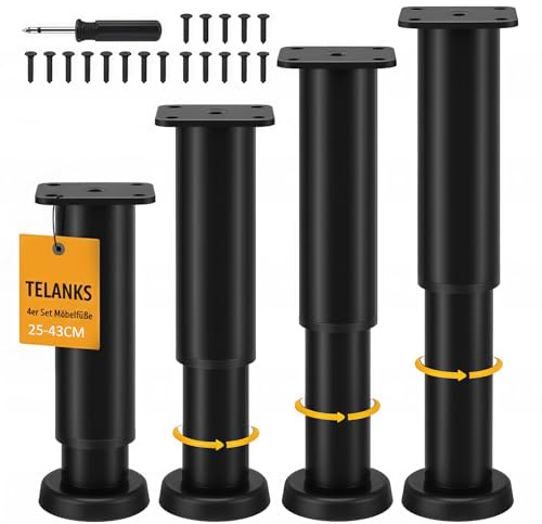 TELANKS 4er Set Möbelfüße Höhenverstellbar 25-43 cm,Bettstütze Mittelbalken | 450 kg Belastbarkeit, Rostbeständige Metall Möbelbeine für Bett, Sofa, Couchtisch, TV-Möbel und DIY-Projekte mit Stabiler