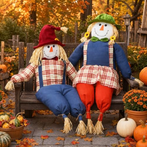 WinnerWhy 2 Stück 162,6 cm große Vogelscheuche Herbst Thanksgiving sitzende Vogelscheuche Halloween-Dekoration Lebensgröße Ernte Vogelscheuchen für drinnen und draußen Herbsternte Dekoration für den