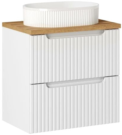 Lomadox Badezimmer Waschtisch 60cm mit Keramikwaschbecken, weiß und Eiche mit gerillter Front