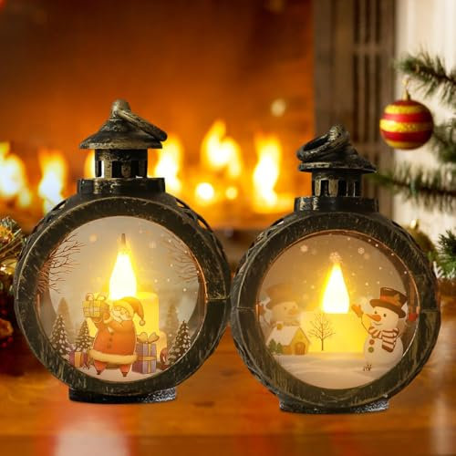 2 Stück Weihnachtslaterne, LED Weihnachtsdeko Laterne mit Weihnachtsmann und Schneemann, Antik Effekt, Warmweißes Licht, Batterie Betrieben, Höhe 12 cm, Ideal für Innendekoration & Festliche Stimmung