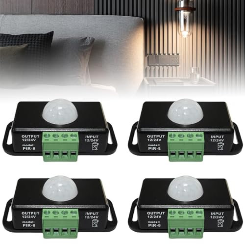 Lot de 4 détecteurs de mouvement LED 12 V/24 V CC - Détecteur de mouvement infrarouge PIR - Interrupteur automatique sans fil - Variateur d'intensité pour bandes LED - Sécurité domestique