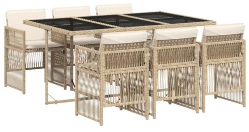 vidaXL Garten Essgruppe 7-TLG., Gartenmöbel Set Tisch mit Glasplatte 6 Stühle, Gartengarnitur mit Kissen, Sitzgruppe Terrasse, Beige Poly Rattan