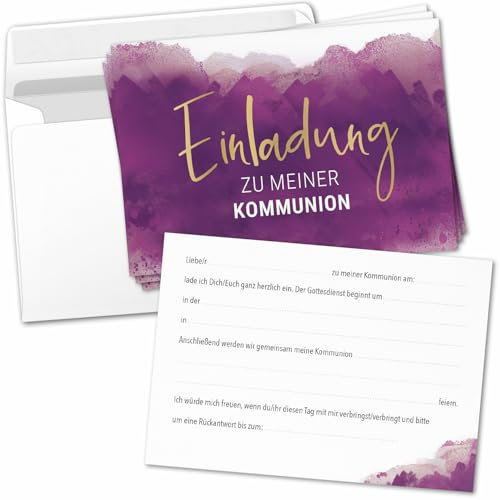 8 Einladungskarten Einladung Kommunion mit Umschlag zum selber ausfüllen - Heilige Kommunion Einladungen Postkarten Umschläge Lila Modern Aquarell