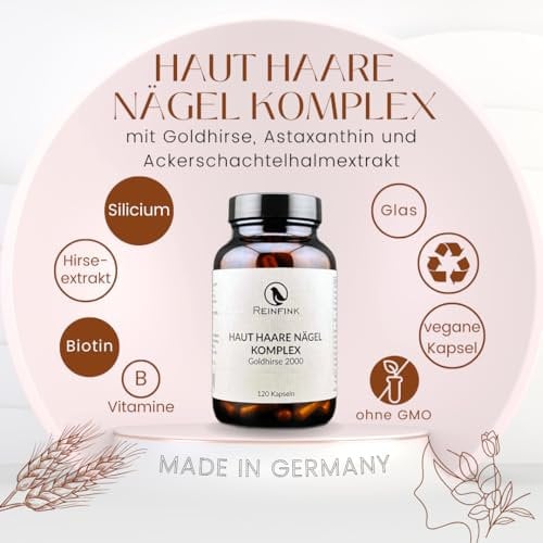 Haut Haare Nägel Komplex mit Goldhirse hochdosiert 120 vegane Kapseln im Glas Reinfink®
