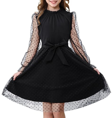 Rolanko Girl's Puff Long Sleeve Dress, High Waist with Belt A Line Ruffled Collar Contrast Mesh Princess Party Tulle Dresses, Black, 11-12 Years, 160