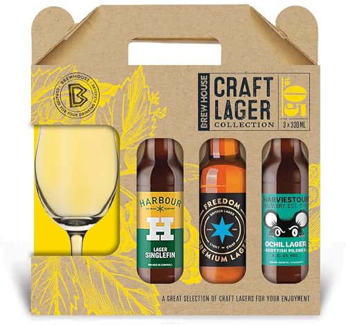 Brewhouse Craft Lager Collection set, including three 330ml bottles of Craft Lagers (Harbour Brewing/Freedom Brewing/Harviestoun Brewery). Perfect for Christmas, Birthdays and Father’s Day.