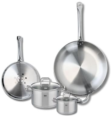 ELO 9505250 Batterie de cuisine 4 pièces, Ensemble de 2 Poêles de cuisson 24 et 32 cm et 2 faitouts 12 et 16 cm Elo Profi Citrin, inox, induction