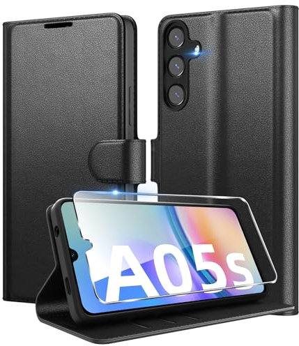 Eirltiy Coque pour Samsung Galaxy A05s + 1 Verre Trempé Protection écran,[Housse Premium en Cuir PU][Fentes pour Cartes][Pochette de Portefeuille],Etui à Rabat pour Samsung A05s - Noir