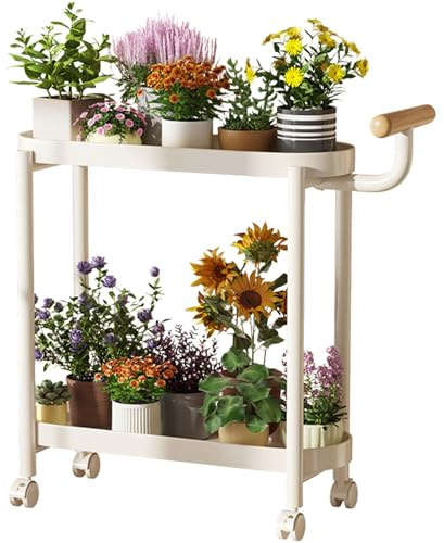 Pflanzenständer aus Metall mit 2 Etagen, mit Rädern, für den Innenbereich, hohes Pflanzenregal und Pflanzgefäßhalter, vielseitiges Aufbewahrungsregal für Wohnzimmer, Balkon und Eingangsbereich