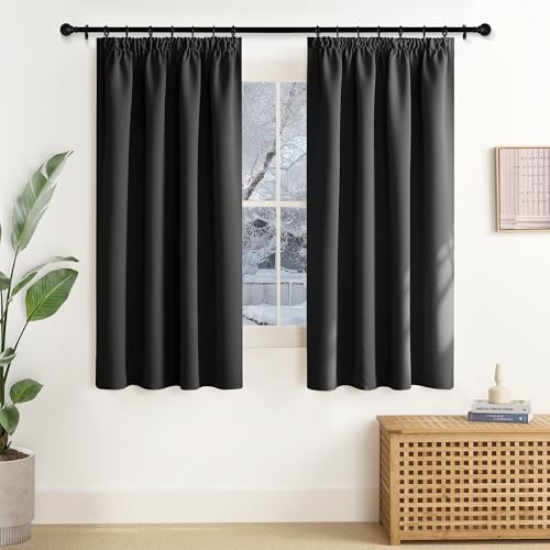 NICETOWN Thermo Vorhänge Schwarze Verdunkelungsvorhang für Schienen | H145 x B140 cm, Bistrogardine 2er Set, Kurzgardine mit Kräuselband, Blackout Curtains for Bedroom, Thermovorhang Hitzeschutz