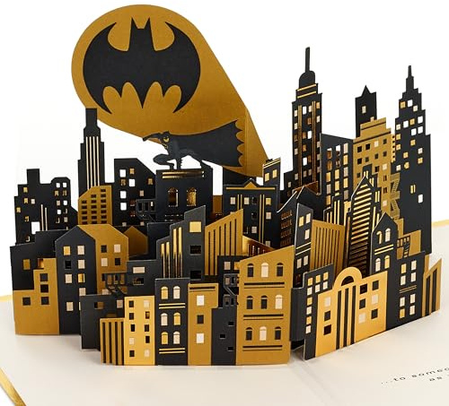 Hallmark 3D Pop-Up Card, Batman Bat Signal, Gotham City, Gold, Black | 13.3cm x 23.8cm x 17.3cm, Die-Cut Details, Metallic Gold Foil, Fully Recyclable, White Envelope with Gold Foil