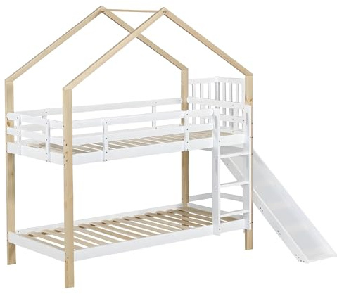 Hochbett Hausbett, Etagenbett mit Rutsche und dreistufiger Winkelaufstiegsleiter, Kinderbett mit Absturzsicherung, Bettrahmen aus Massivholz,A