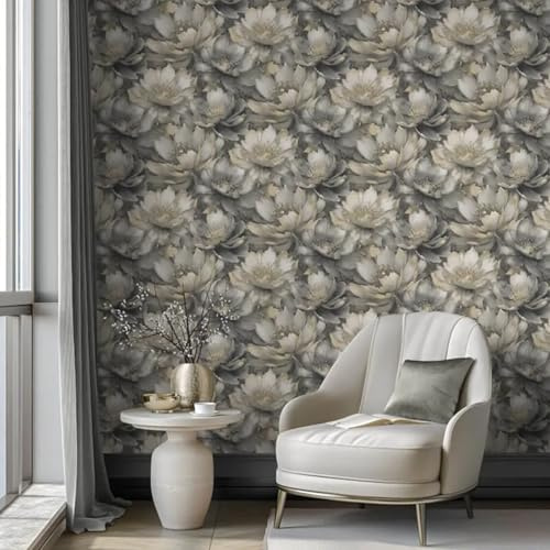 SOPHIE LAURENCE Charcoal Gold Floral Wallpaper 3D Effect Metallic Shimmer Feature Wall Lounge