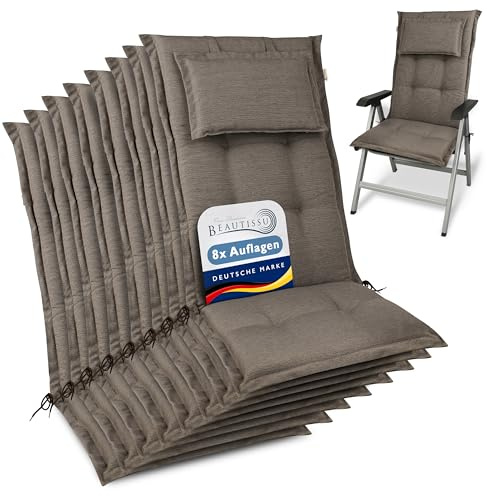 Beautissu 8er Set Premium Gartenstuhlauflage Hochlehner Auflagen | 120x50x7cm dicke Polster robuster Stoff mit UV-Lichtechtheit Sitzkissen Taupe Stuhlauflagen Garten Sitzauflage HighLux HL