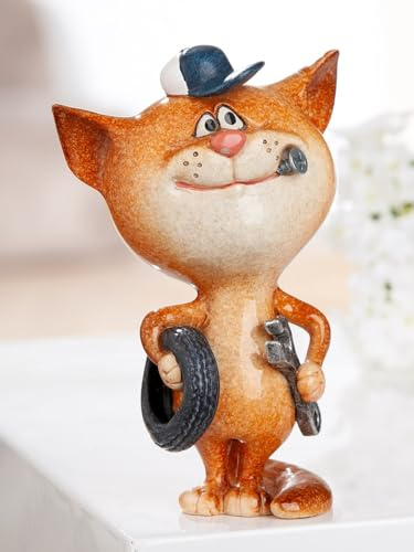 MF FixiCat Deko-Katze Automechaniker, Orange, 12,5 cm, Polyresin-Figur mit Schraubenschlüssel KFZ Meister Autoreifen Geschenkidee Schenken