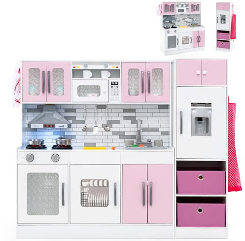 COSTWAY Kinderküche mit Licht, Sound & Wasserfunktion, modulare Spielküche | Puppenküche Holz mit Herd, Eismaschine, Kühlschrank, Kaffeemaschine, Mikrowelle & Spülmaschine, Holzküche, Spielzeugküche