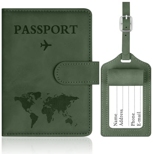 OFFCUP Custodia per Passaporto, Custodie Porta Passaporto con Blocco RFID, Custodia Passaportos con Etichetta Valigia in Pelle PU per Carte d'Identità Carte di Credito, Passaportos Pass (Verde)