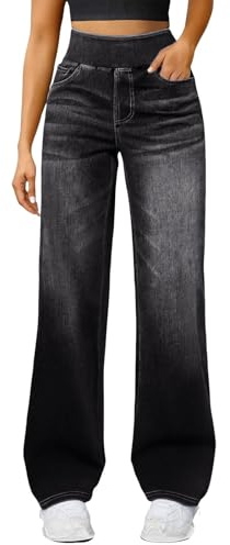 Jeans Weites Bein Damen Casual High Waist Pull On Jeanshosen mit Taschen Große Größen Baggy Straight Leg Stretch Denimhose Elastic Waistband Freizeithose Y2K Streetwear