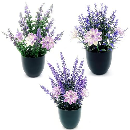 HORREX 3 Stück Kunstblumen mit Topf, Lavendel Kunstpflanzen, Plastik Künstliche Blumen, Lavendel Künstlich, Innendekoration für Zuhause, Wohnzimmer, Schlafzimmer, Büro, Schreibtisch